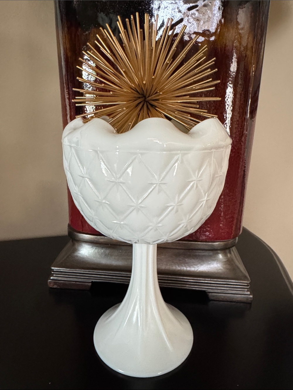 White Milk Glass Compote Pedestal Bowl W/Raised Star Pattern